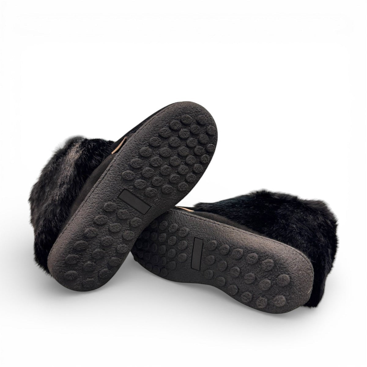 Laurentian Chief black waterproof suede mukluk with natural rabbit fur trim and durable crepe sole