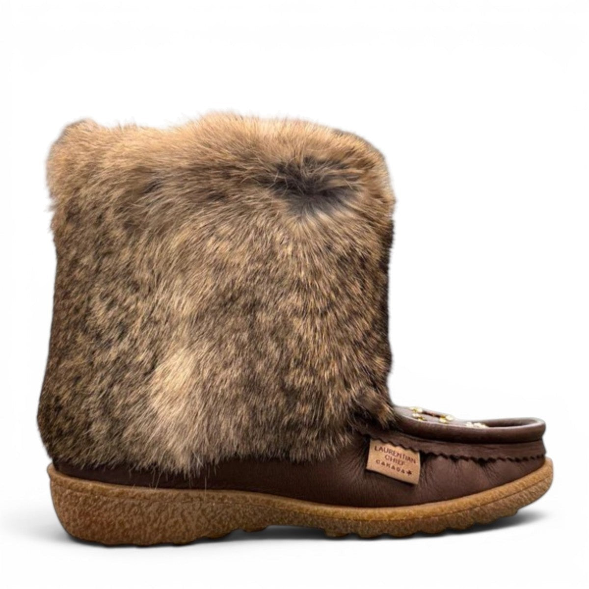 Laurentian Chief mukluk boots in fudge moose hide with natural rabbit fur trim and crepe sole