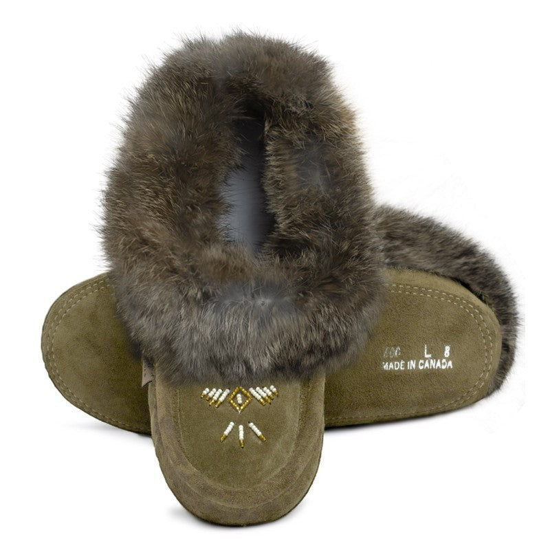 LAURENTIAN CHIEF olive suede moccasin slippers with rabbit fur trim and intricate beadwork