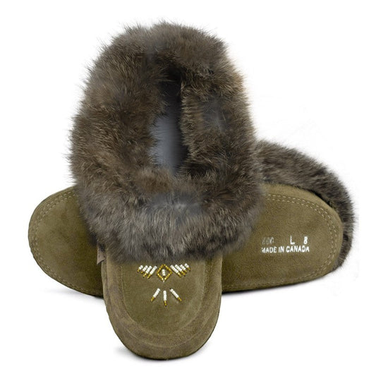 LAURENTIAN CHIEF olive suede moccasin slippers with rabbit fur trim and intricate beadwork