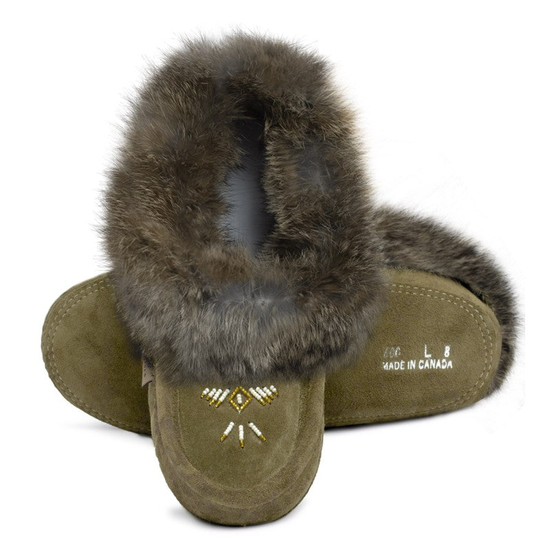 LAURENTIAN CHIEF Slipper, Orlon, Beaded Slipper with Fur Trim and Padded sole