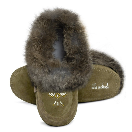 LAURENTIAN CHIEF Slipper, Orlon, Beaded Slipper with Fur Trim and Padded sole