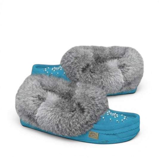 LAURENTIAN CHIEF turquoise leather moccasin slippers with rabbit fur trim and intricate beadwork
