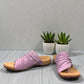 Taos Gift 2 lavender leather sandals with hand-stitched scrunch pleating and supportive foot bed. Photo of front view 2.