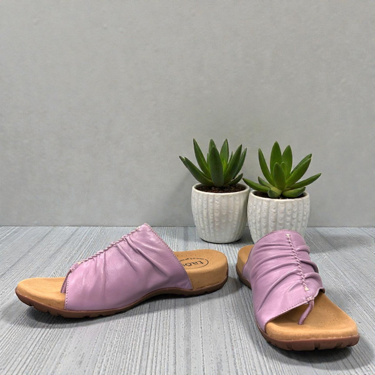 Taos Gift 2 lavender leather sandals with hand-stitched scrunch pleating and supportive foot bed. Photo of front view 2.