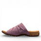 Taos Gift 2 lavender leather sandals with hand-stitched scrunch pleating and supportive foot bed. Photo of inside side view.