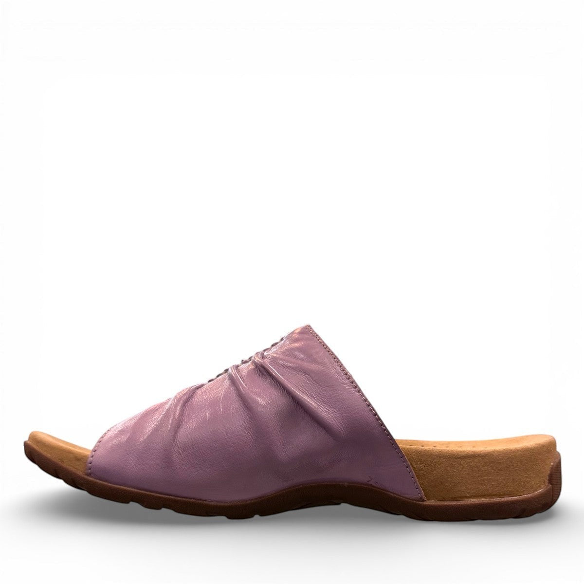 Taos Gift 2 lavender leather sandals with hand-stitched scrunch pleating and supportive foot bed. Photo of inside side view.