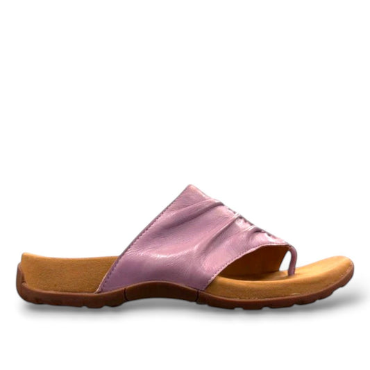 Taos Gift 2 lavender leather sandals with hand-stitched scrunch pleating and supportive foot bed. Photo of outside side view.