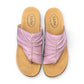 Taos Gift 2 lavender leather sandals with hand-stitched scrunch pleating and supportive foot bed. Photo of upper view.