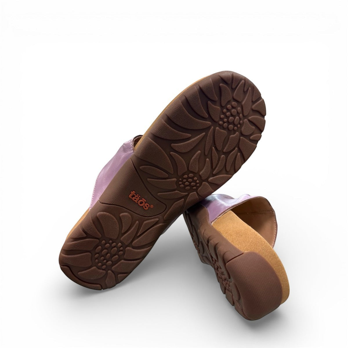 Taos Gift 2 lavender leather sandals with hand-stitched scrunch pleating and supportive foot bed. Photo of bottom view.