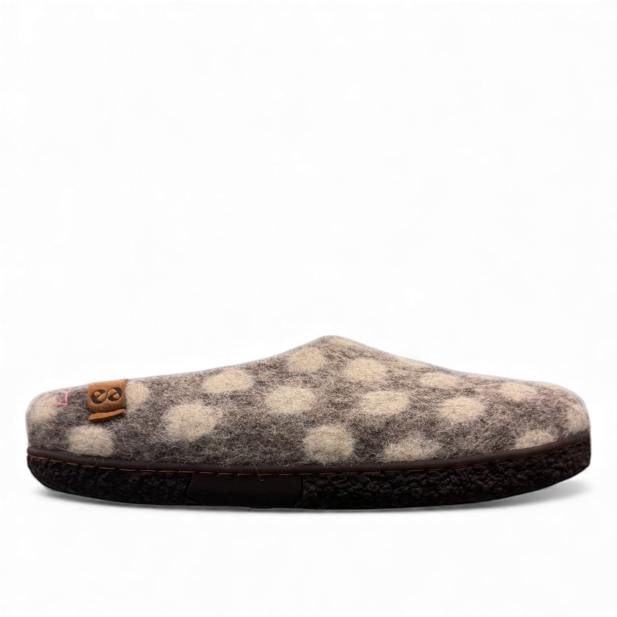 Lhasa grey wool mule slippers with a polka dot pattern and durable EnergySole rubber base.
