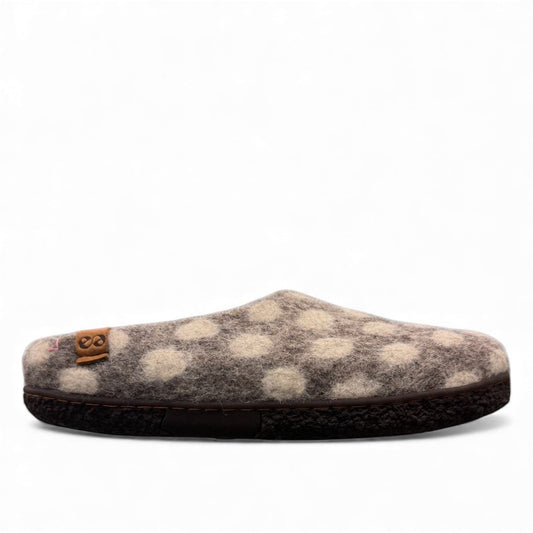 Lhasa grey wool mule slippers with a polka dot pattern and durable EnergySole rubber base.