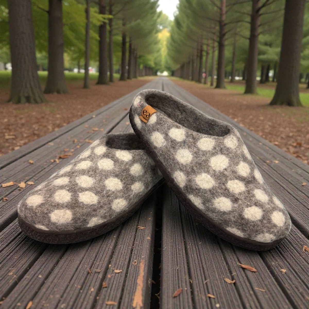Lhasa grey wool mule slippers with white polka dots on a wooden bench in a tree-lined park