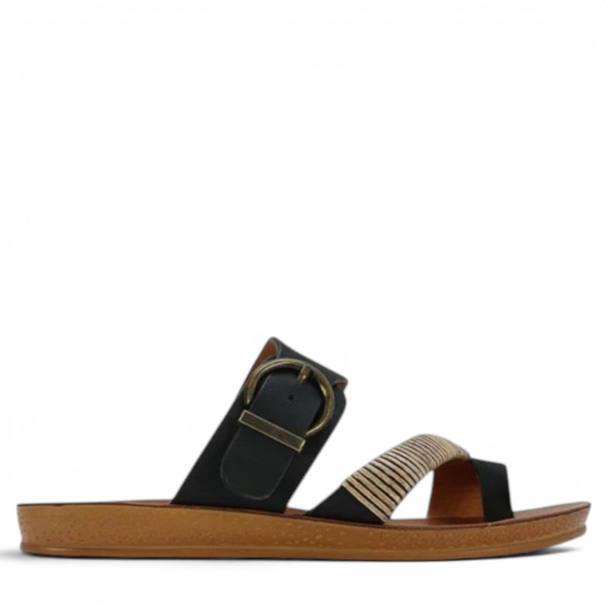 LOSCABOS BRIA black vegan leather sandal with woven bamboo strap, adjustable buckle, and arch support.