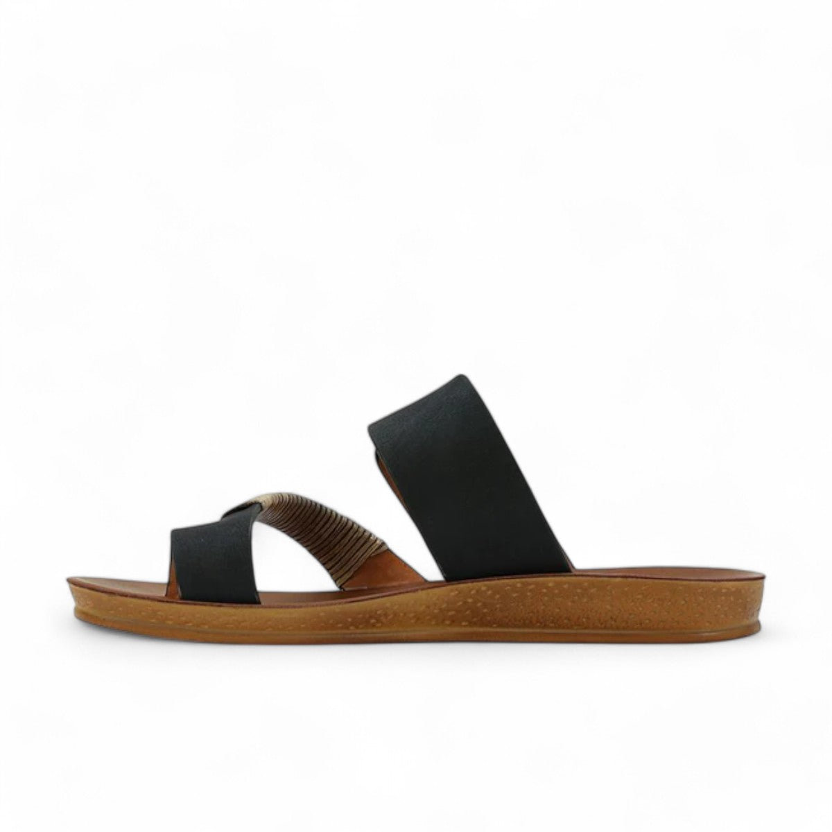 LOSCABOS BRIA black vegan leather sandal with woven bamboo strap, adjustable buckle, and arch support.
