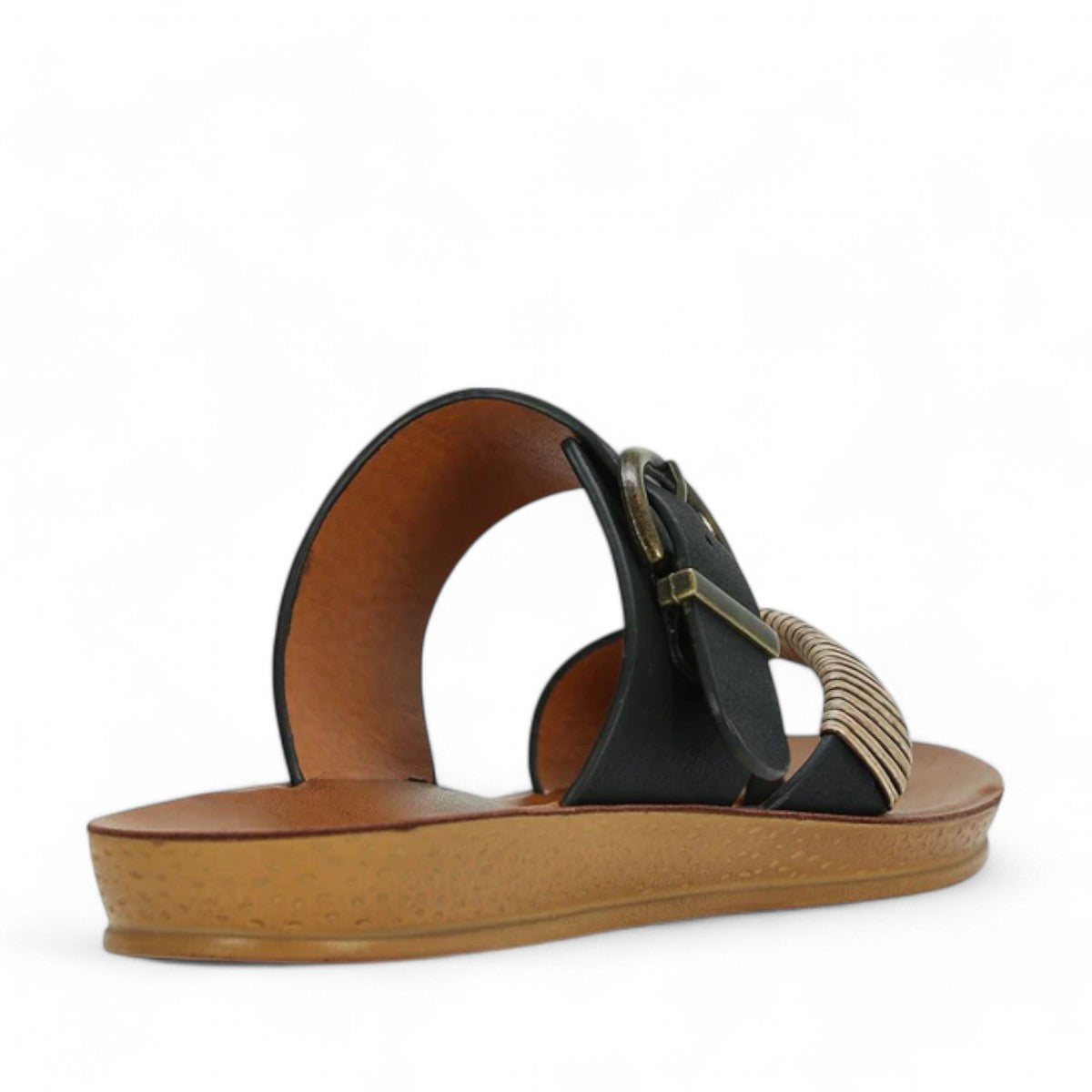 LOSCABOS BRIA black vegan leather sandal with woven bamboo strap, adjustable buckle, and arch support.