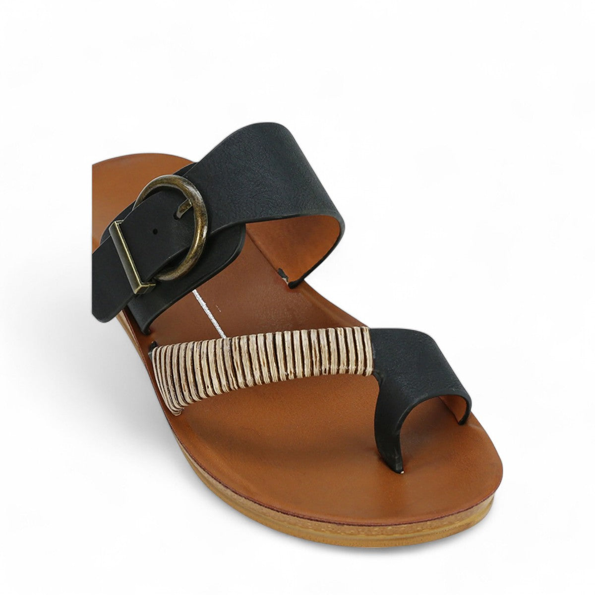 LOSCABOS BRIA black vegan leather sandal with woven bamboo strap, adjustable buckle, and arch support.