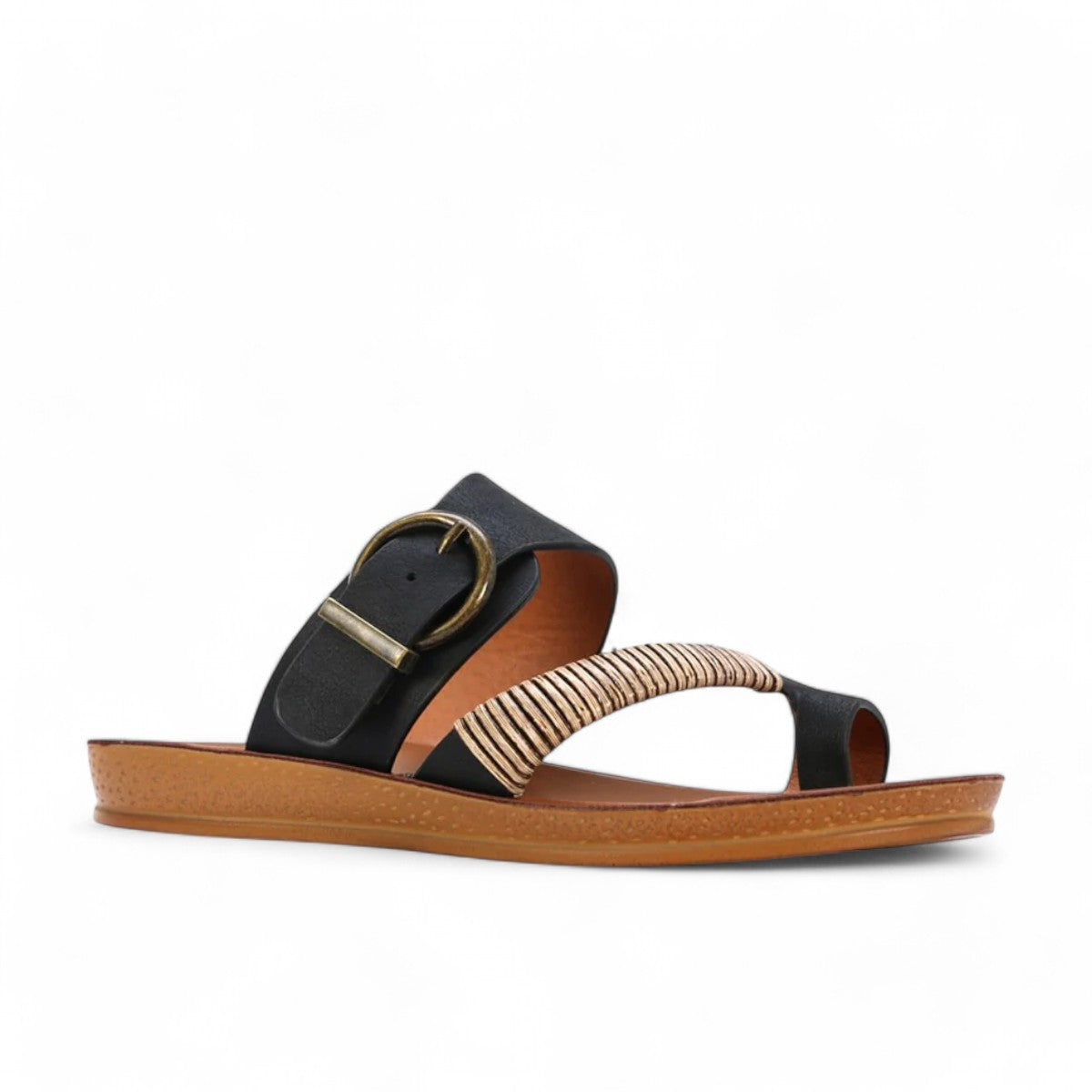 LOSCABOS BRIA black vegan leather sandal with woven bamboo strap, adjustable buckle, and arch support.
