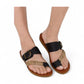 LOSCABOS BRIA black vegan leather sandal with woven bamboo strap, adjustable buckle, and arch support.