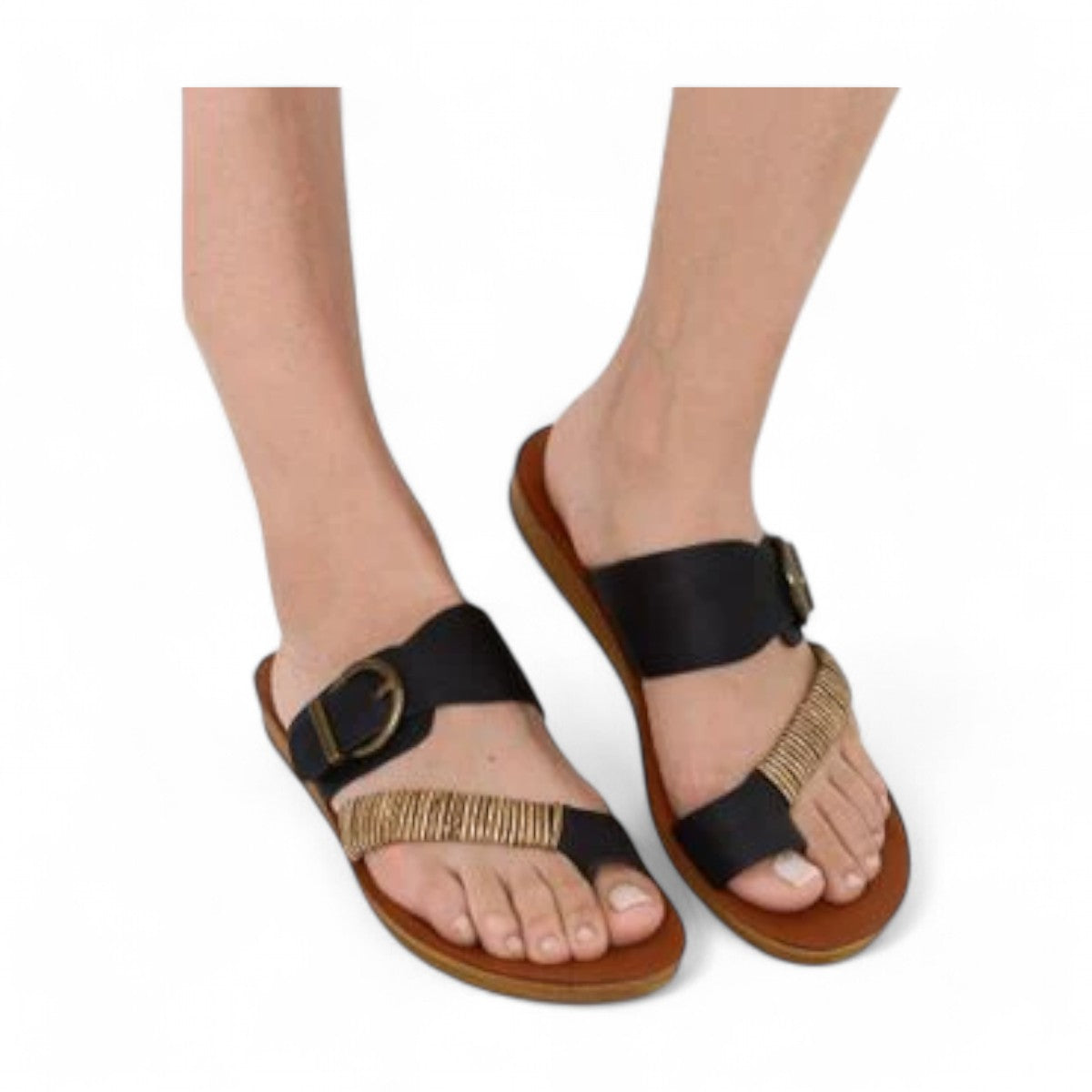 LOSCABOS BRIA black vegan leather sandal with woven bamboo strap, adjustable buckle, and arch support.