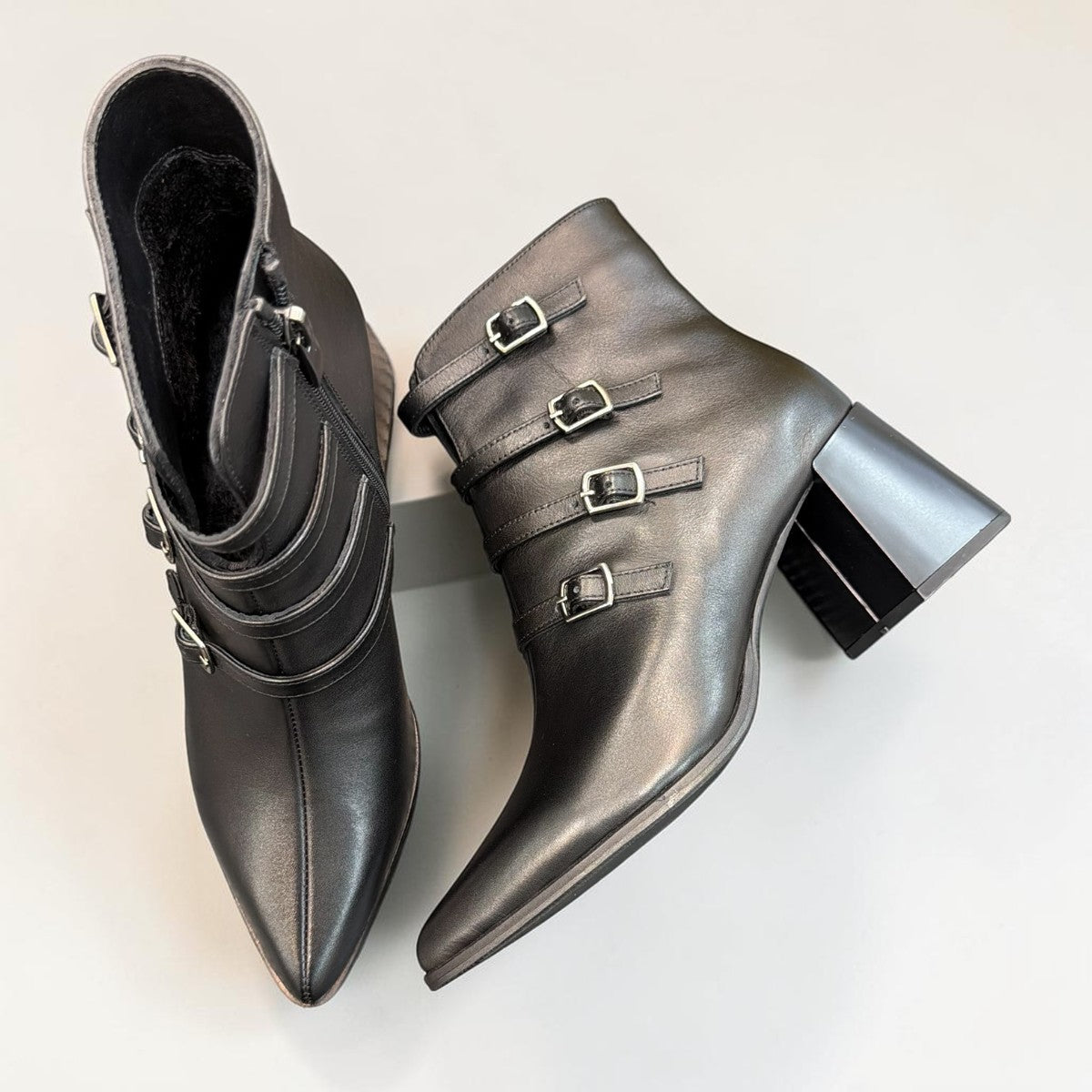 LOUJO AUBREY black leather ankle boot with four buckled straps and a chunky block heel