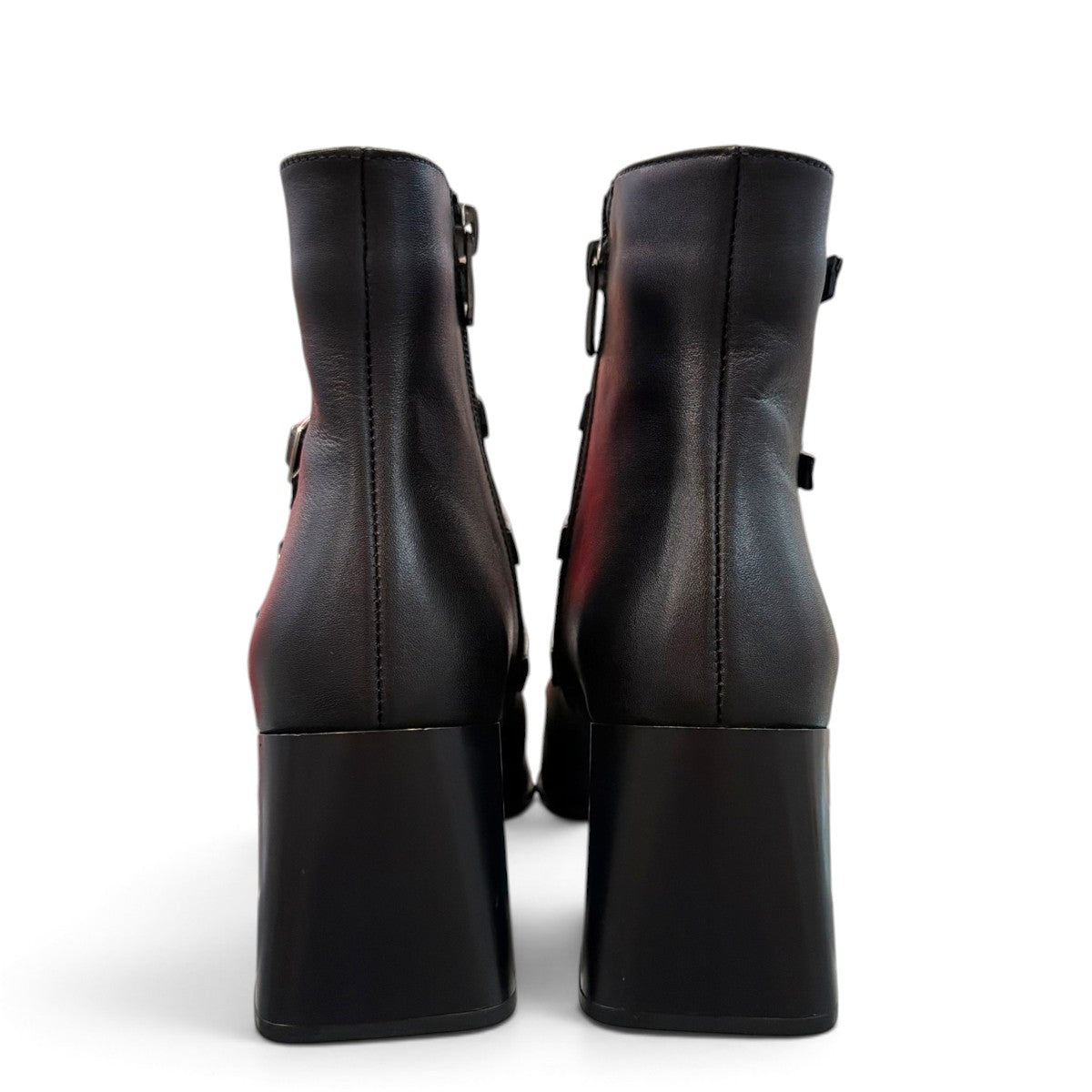 LOUJO AUBREY black leather ankle boot with four buckled straps and a chunky block heel