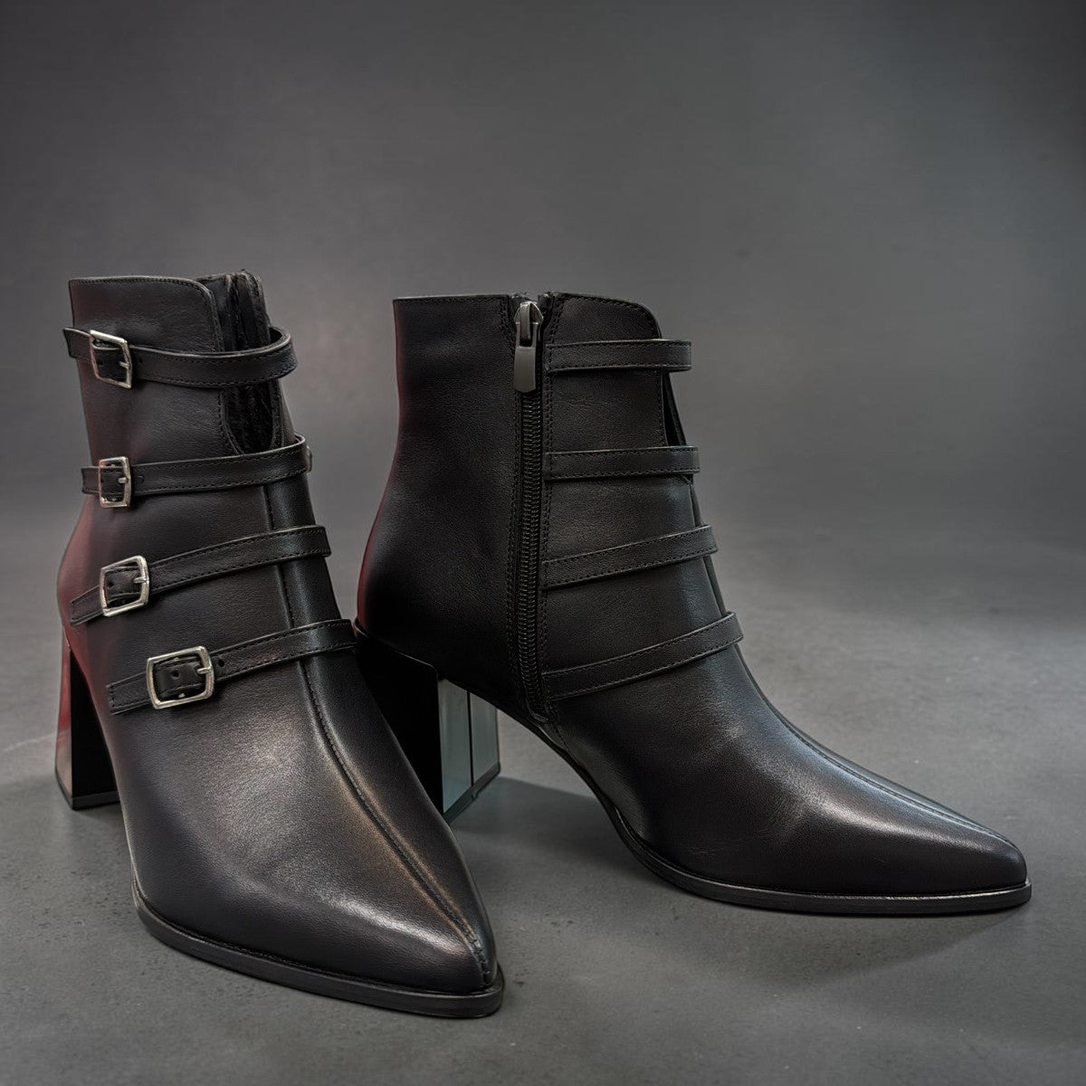 LOUJO AUBREY black leather ankle boot with four buckled straps and a chunky block heel