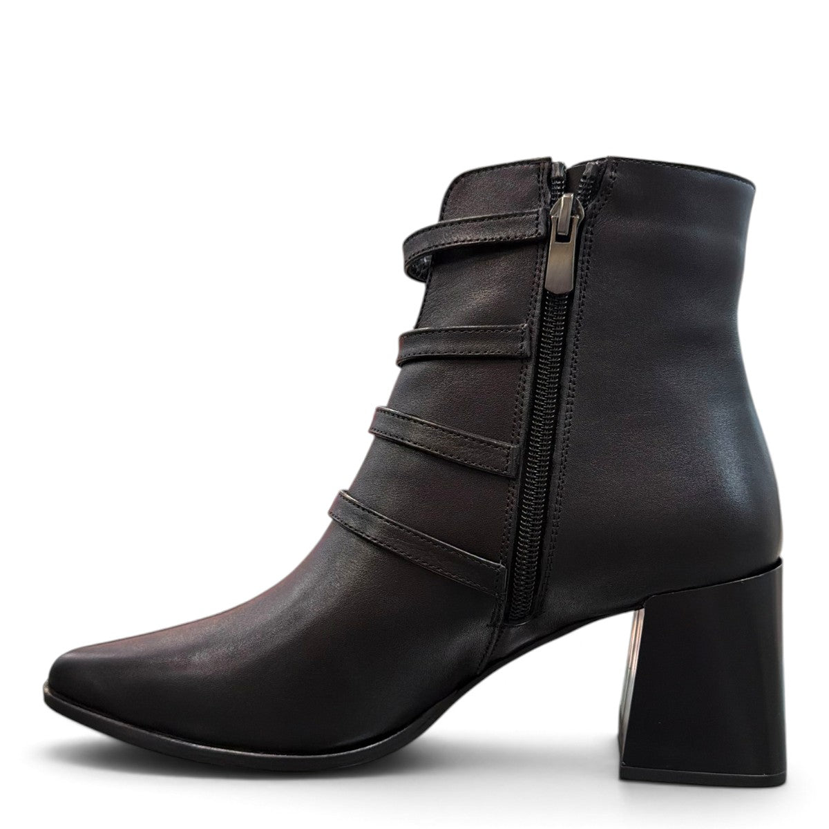 LOUJO AUBREY black leather ankle boot with four buckled straps and a chunky block heel