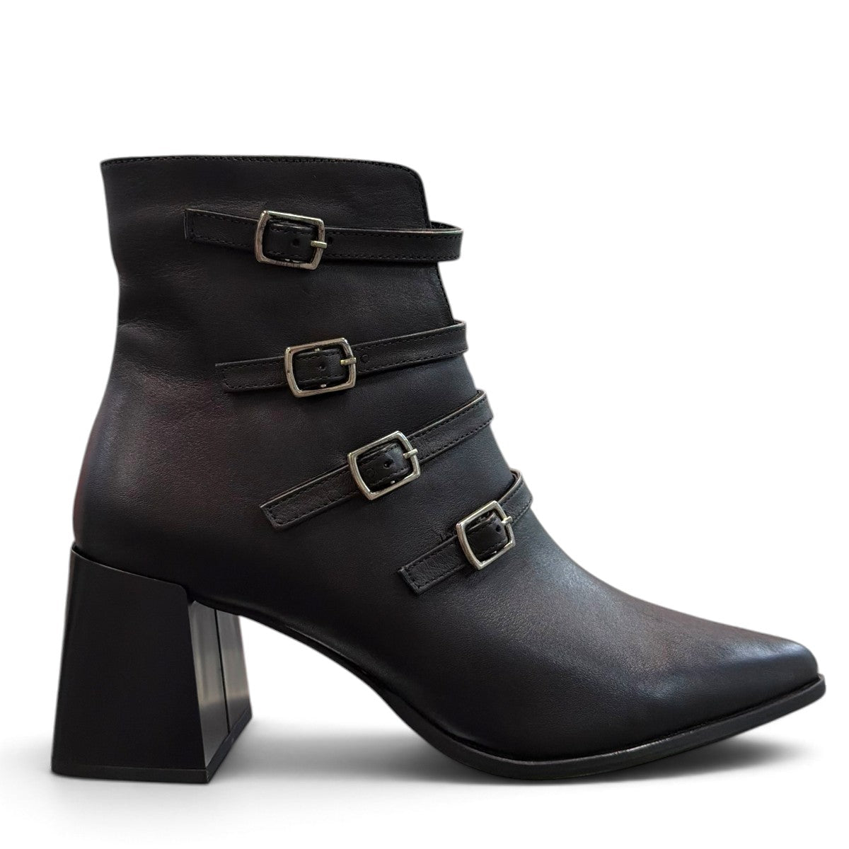 LOUJO AUBREY black leather ankle boot with four buckled straps and a chunky block heel
