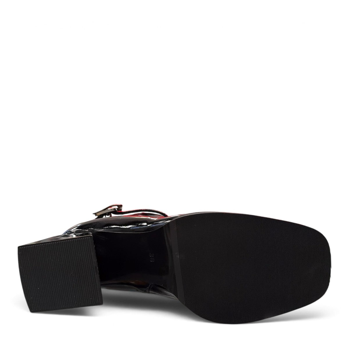LOUJO AVERY black patent leather ankle boot with a functional side buckle and block heel