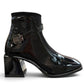 LOUJO AVERY black patent leather ankle boot with a functional side buckle and block heel