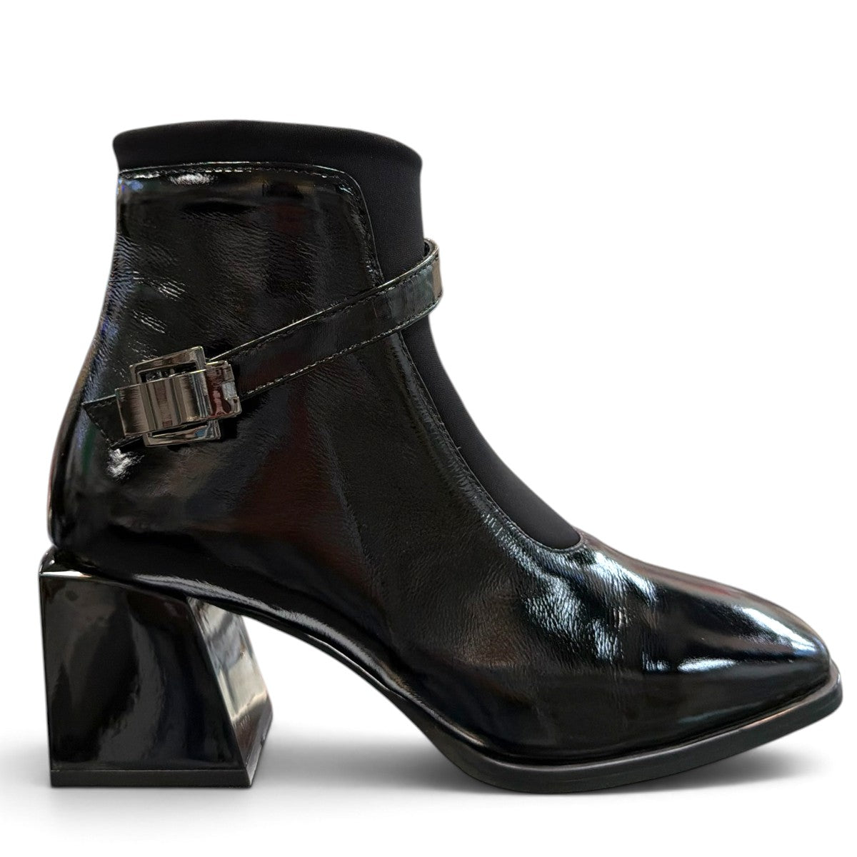 LOUJO AVERY black patent leather ankle boot with a functional side buckle and block heel