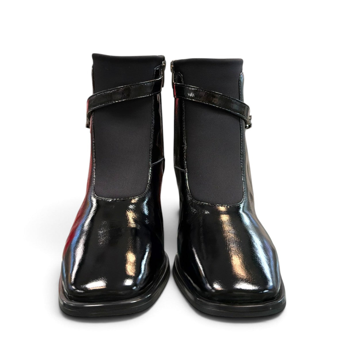 LOUJO AVERY black patent leather ankle boot with a functional side buckle and block heel