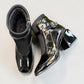 LOUJO AVERY black patent leather ankle boot with a functional side buckle and block heel