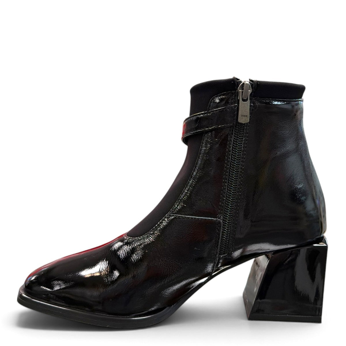 LOUJO AVERY black patent leather ankle boot with a functional side buckle and block heel