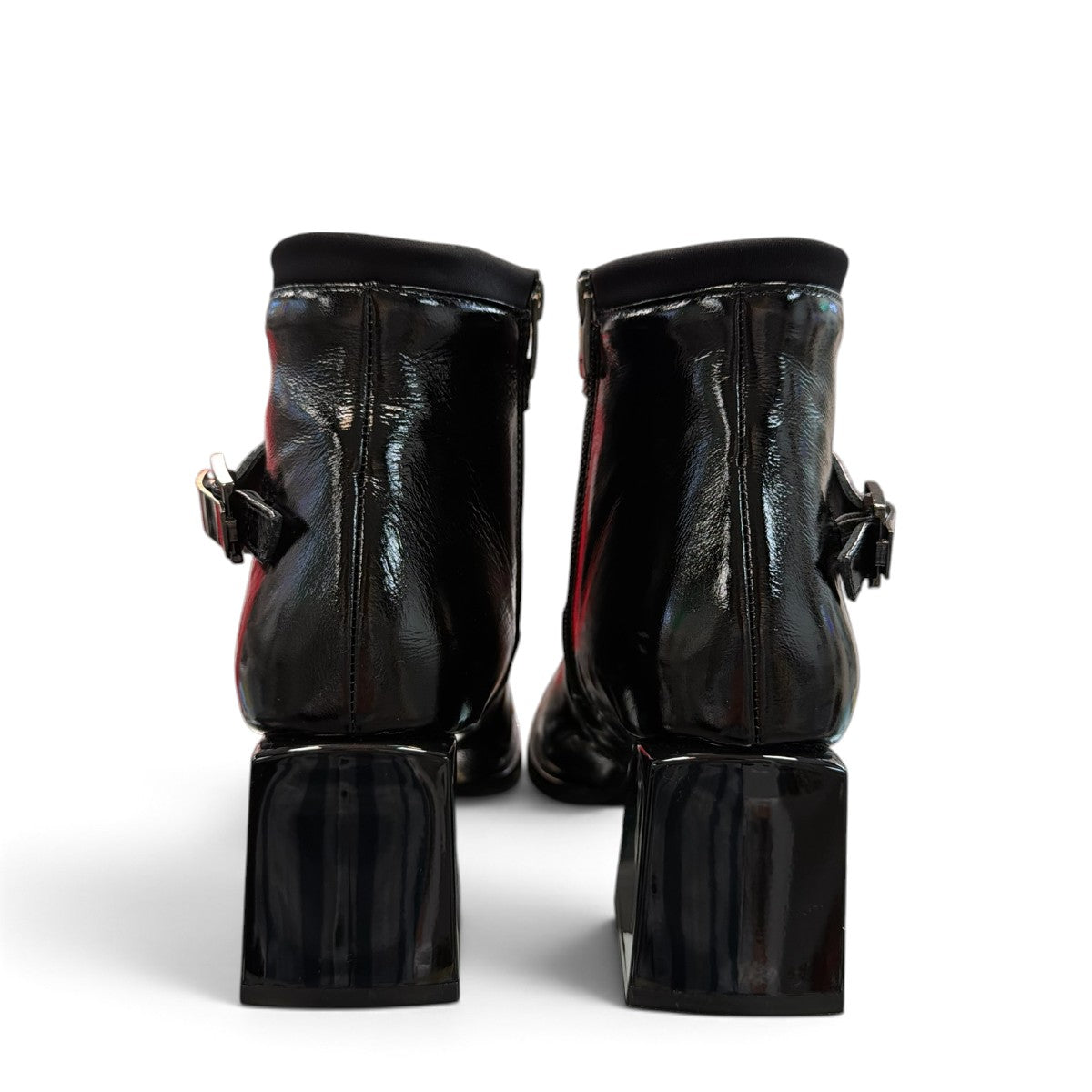 LOUJO AVERY black patent leather ankle boot with a functional side buckle and block heel