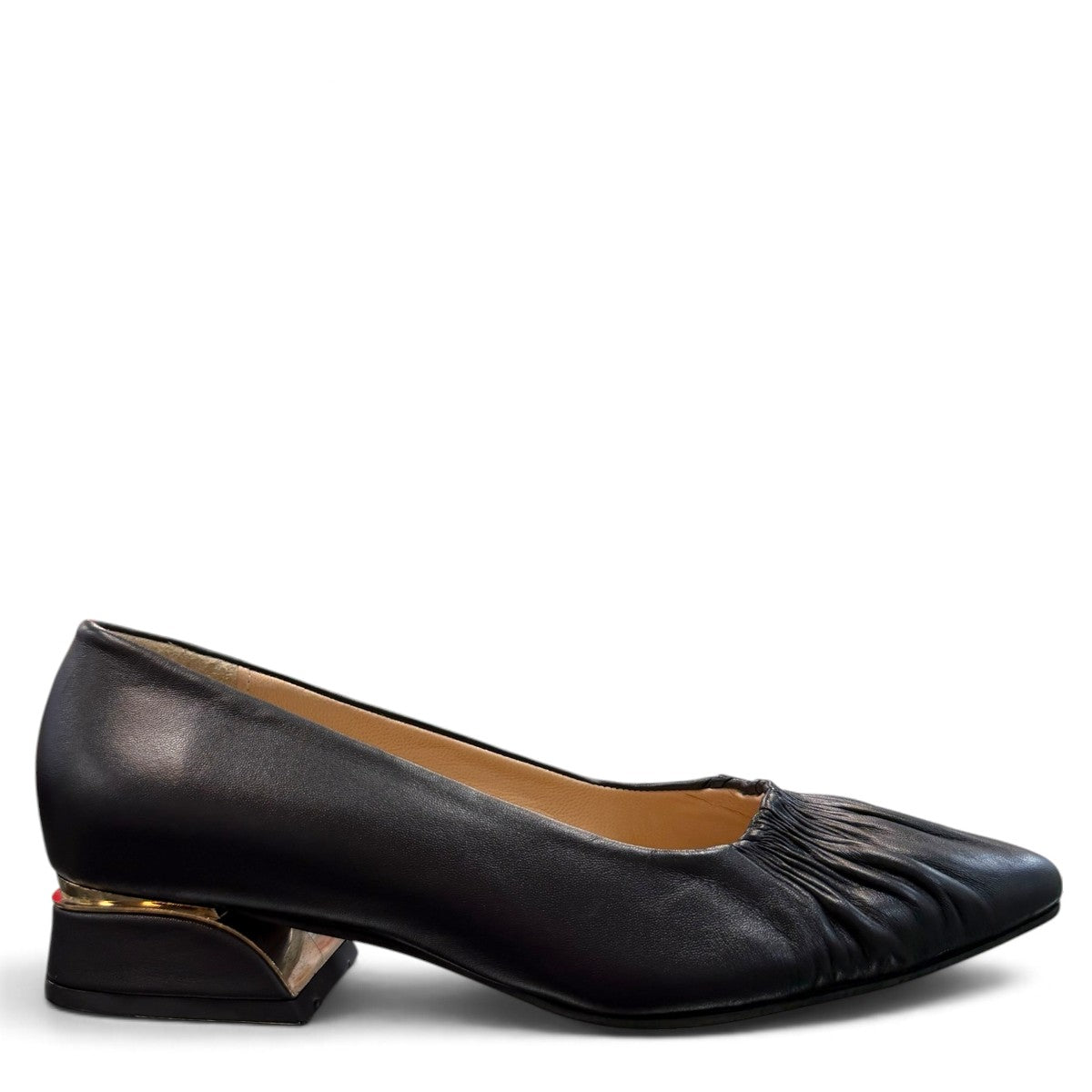 LouJo Betty black leather pump with a pointed toe, pleated detail, and a low sculpted metallic heel.