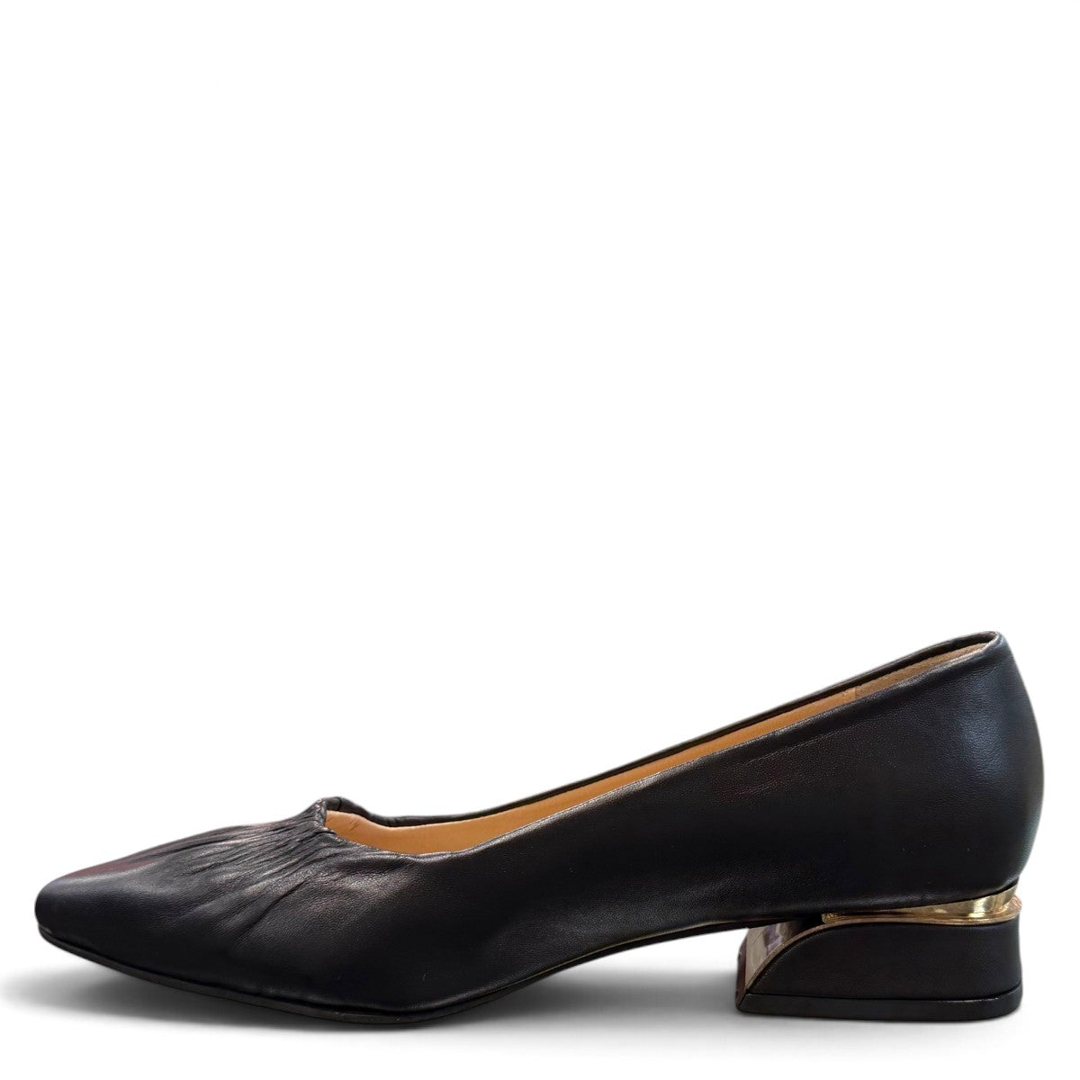 LouJo Betty black leather pump with a pointed toe, pleated detail, and a low sculpted metallic heel.