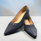 LouJo Betty navy leather pump with a pleated pointed toe and low sculpted metallic heel