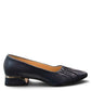 LouJo Betty navy leather pump with a pleated pointed toe and low sculpted metallic heel