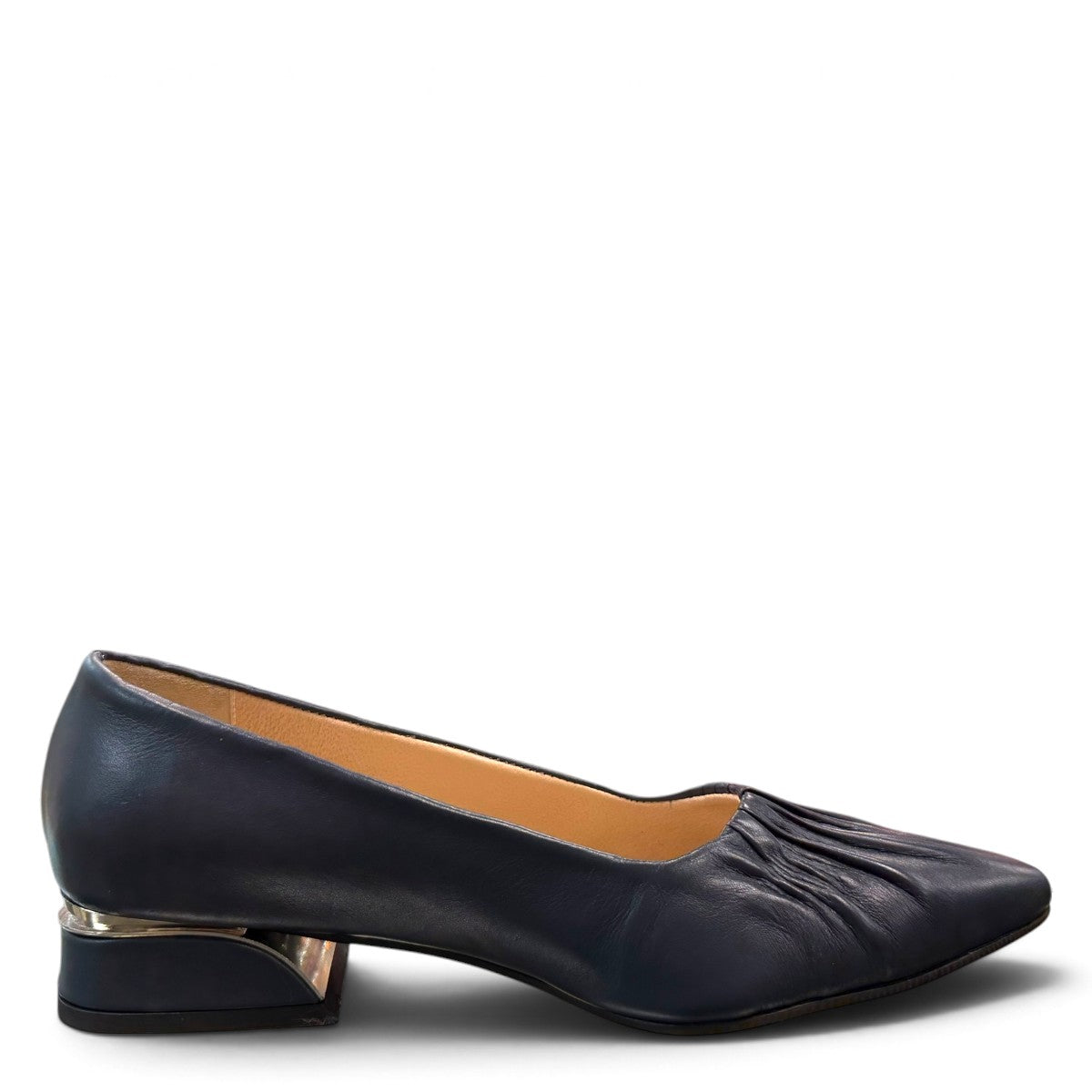 LouJo Betty navy leather pump with a pleated pointed toe and low sculpted metallic heel