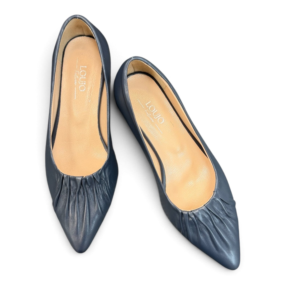 LouJo Betty navy leather pump with a pleated pointed toe and low sculpted metallic heel