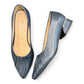 LouJo Betty navy leather pump with a pleated pointed toe and low sculpted metallic heel