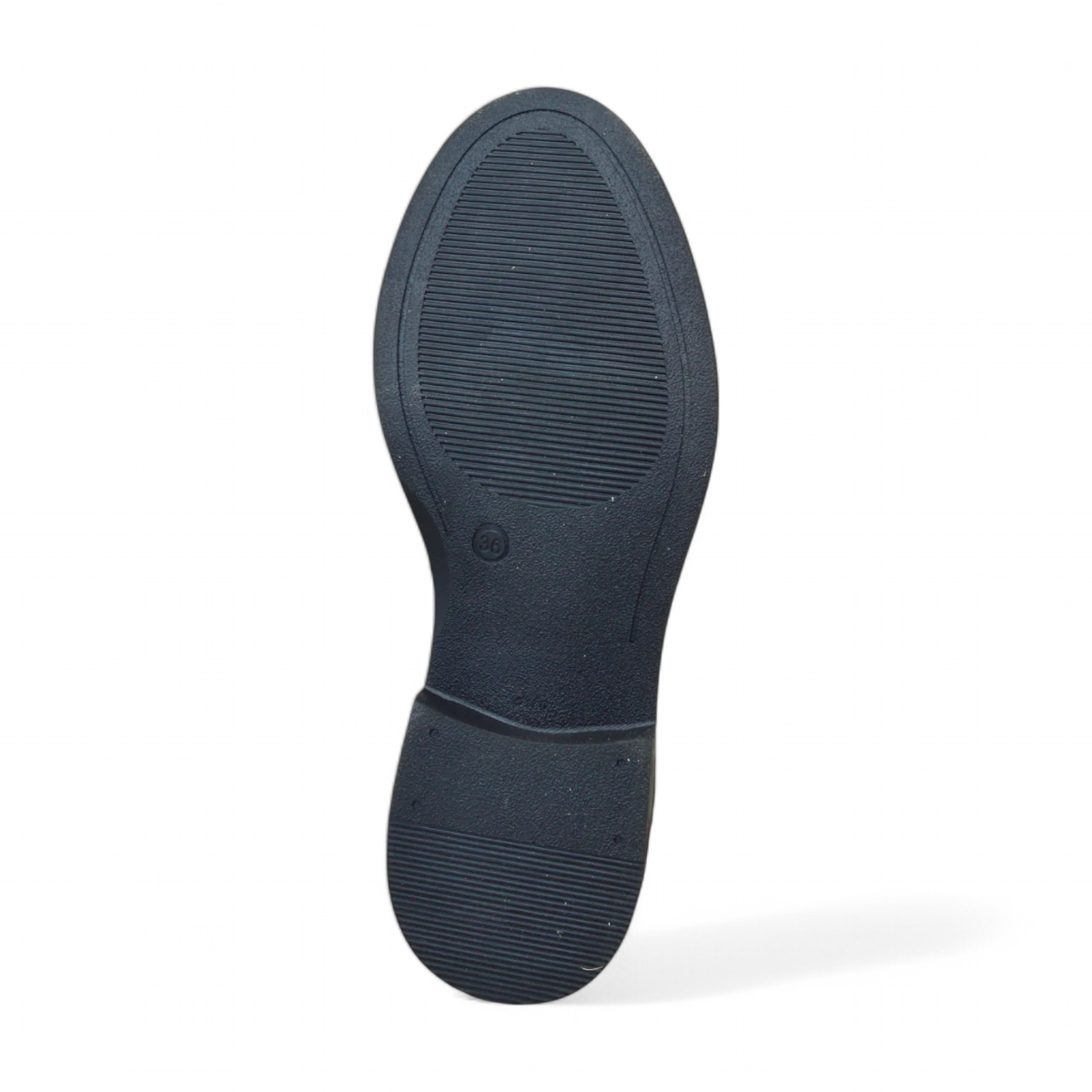 Luna sole pinky black leather loafer with a thick sole featuring white speckled detailing along the welt. Photo of bottom view.