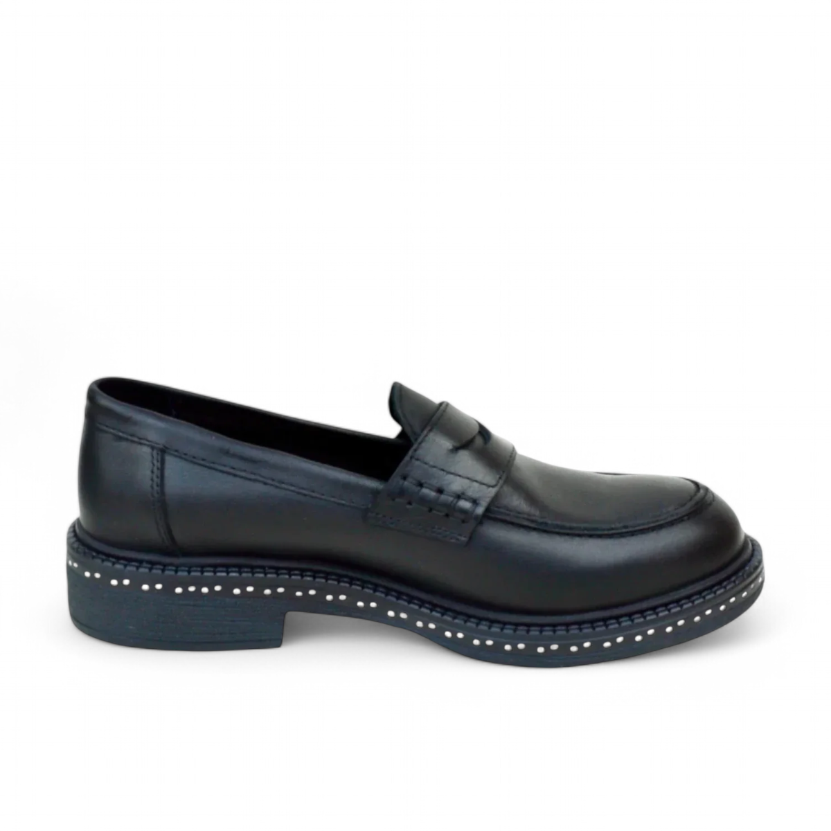 Luna sole pinky black leather loafer with a thick sole featuring white speckled detailing along the welt. Photo of right side view.