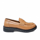 Luna Sole loafer in light tan smooth leather with a saddle strap, thick dark sole, and white speckled edge. Photo of right side view.