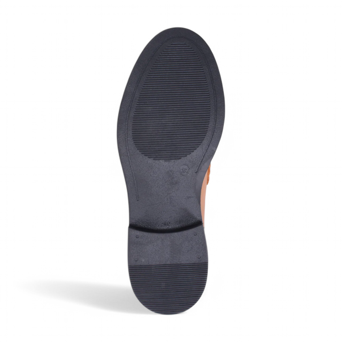 Luna Sole loafer in light tan smooth leather with a saddle strap, thick dark sole, and white speckled edge. Photo of bottom view.