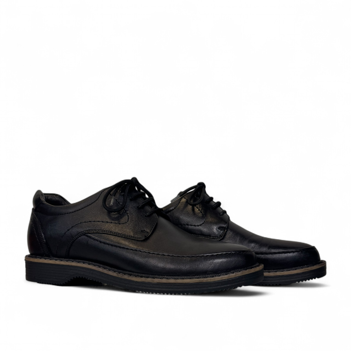 Sina Footwear Mahsa black genuine leather lace-up formal shoe with handmade stitching and durable rubber outsole. Photo of side views.