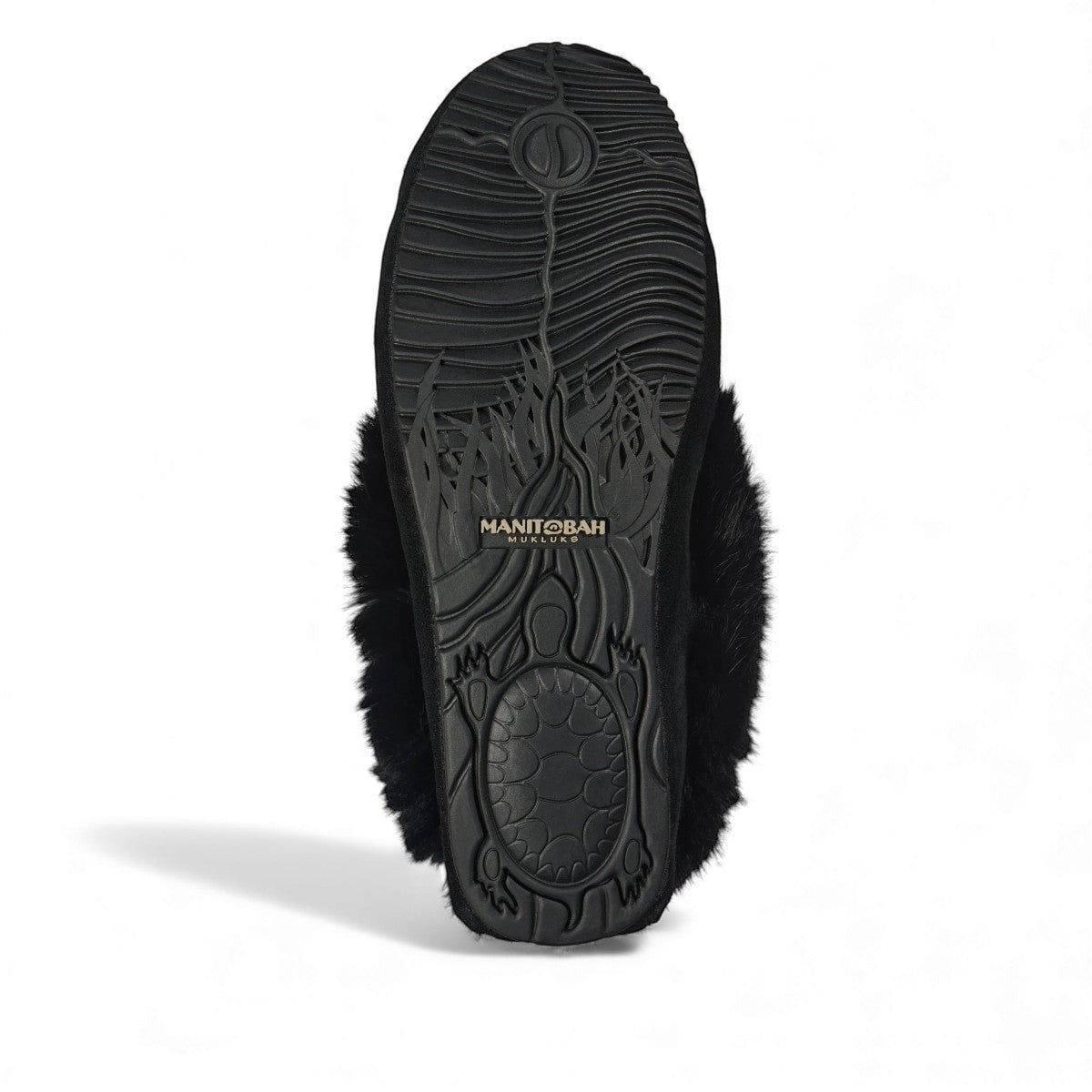 Manitobah Tipi black suede moccasins with rabbit fur trim and fleece lining for indoor comfort.