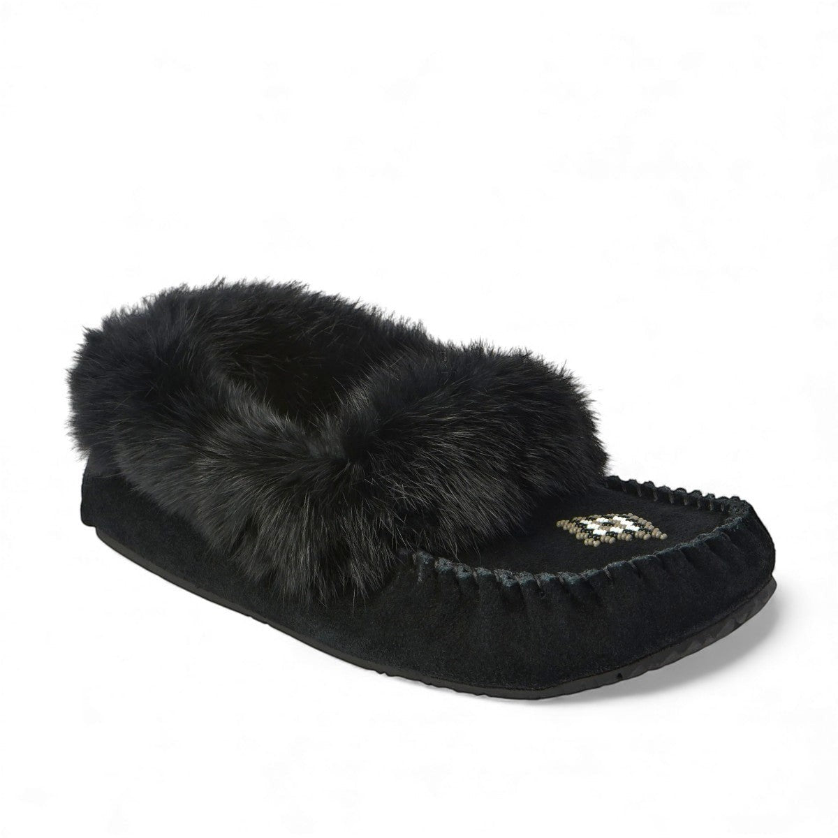 Manitobah Tipi black suede moccasins with rabbit fur trim and fleece lining for indoor comfort.